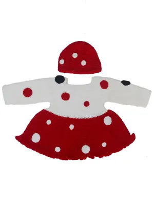 Beautiful Red & White Disney Style handmade Crochet Baby Frock With Cap