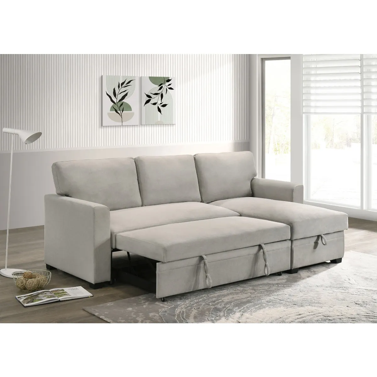 Beige 2-Piece Sectional with Pull-Out Sleeper & Reversible Storage Chaise