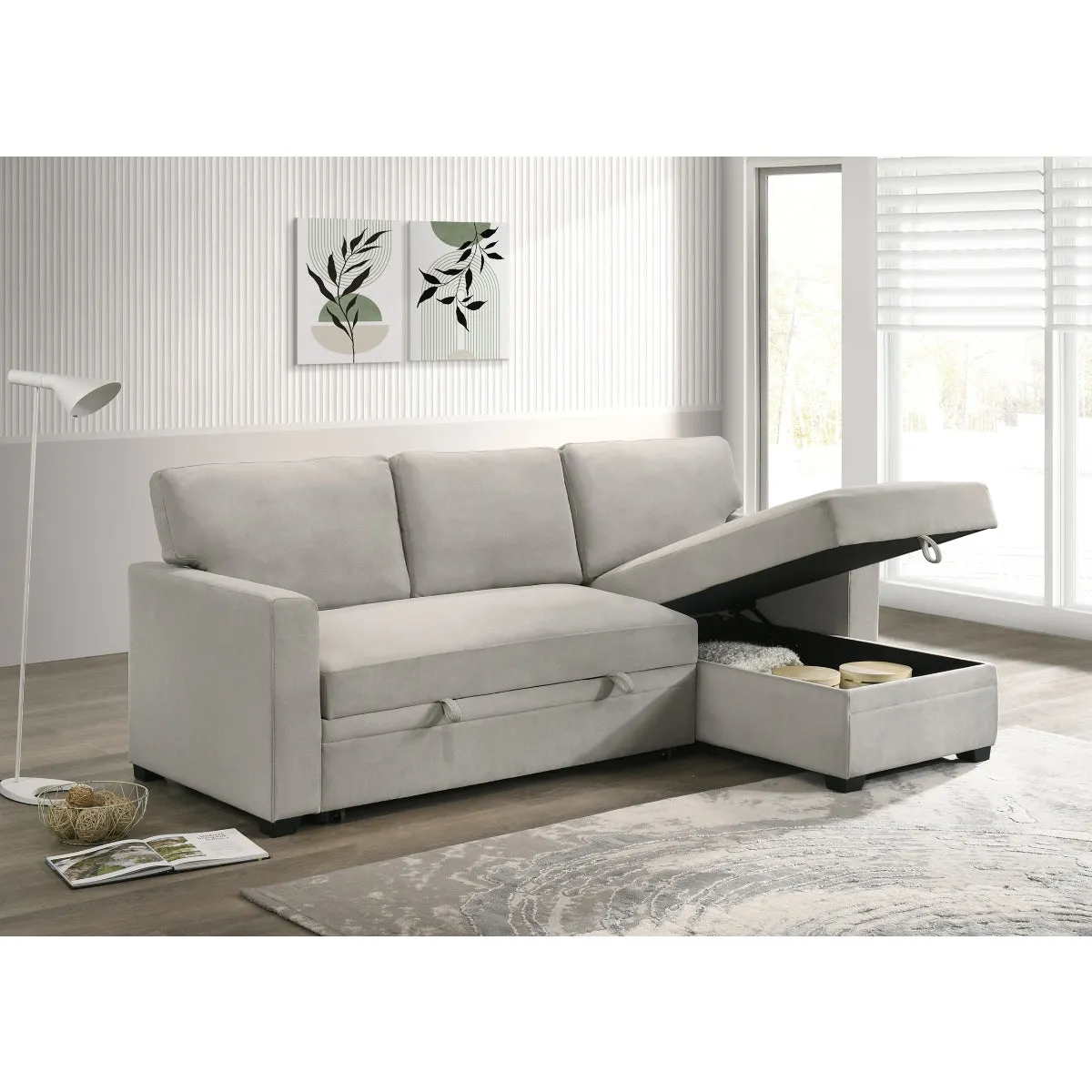 Beige 2-Piece Sectional with Pull-Out Sleeper & Reversible Storage Chaise