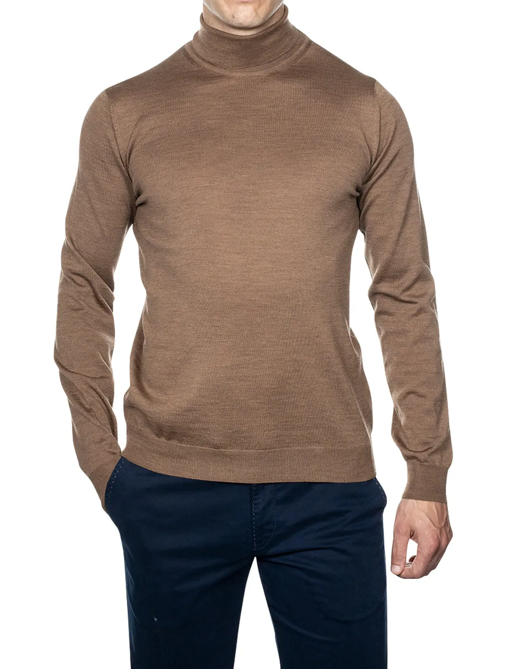 Beige Roll Neck Fine Merino Wool Jumper