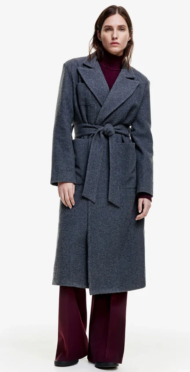 BELTED WRAP COAT IN SLATE HERRINGBONE