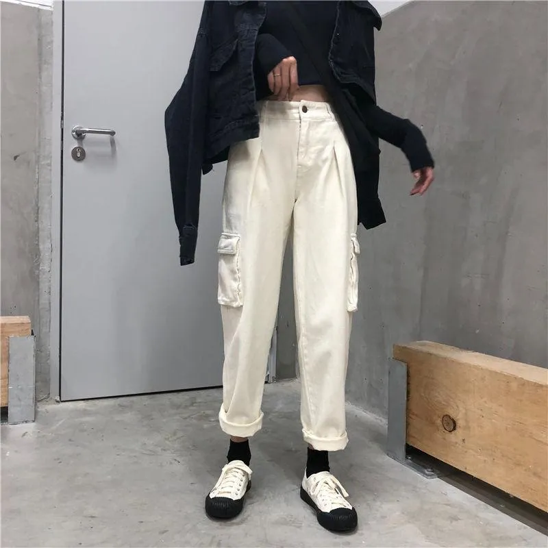 Big Pockets Korean Aesthetic Beige Black Oversized Pants