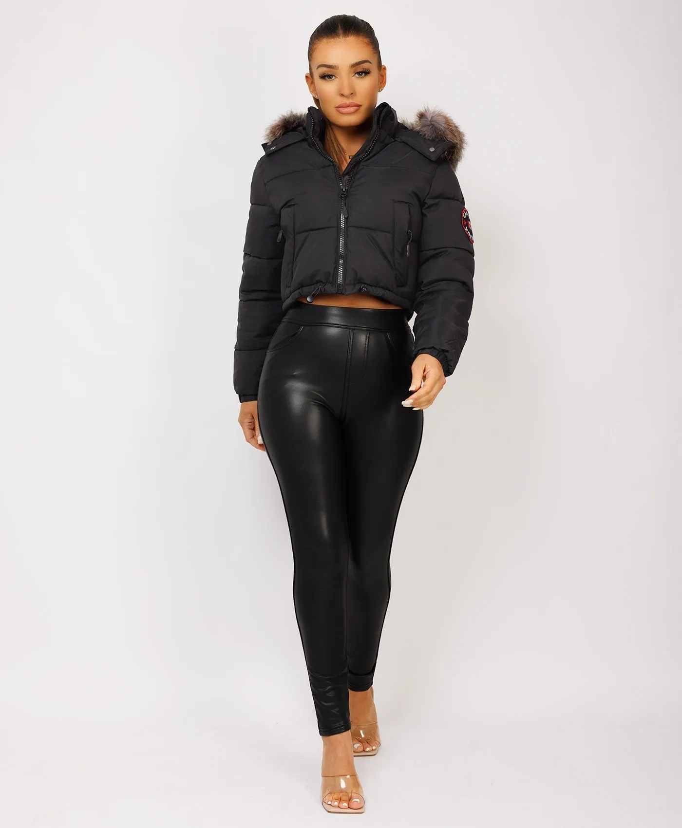 Black Canada Cropped Puffer Jacket With Fur Hood