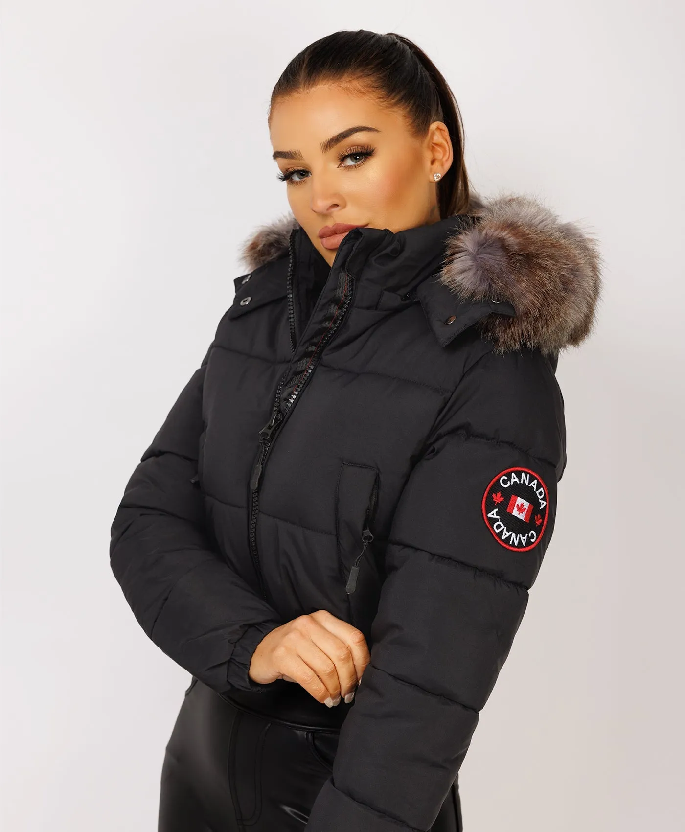 Black Canada Cropped Puffer Jacket With Fur Hood