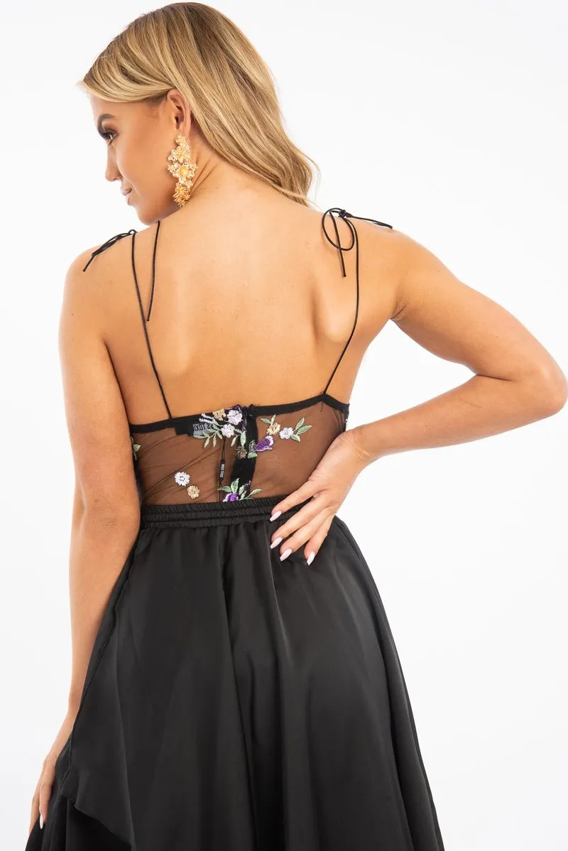 Black Floral Embroidered Corset Bodysuit - Ysabella