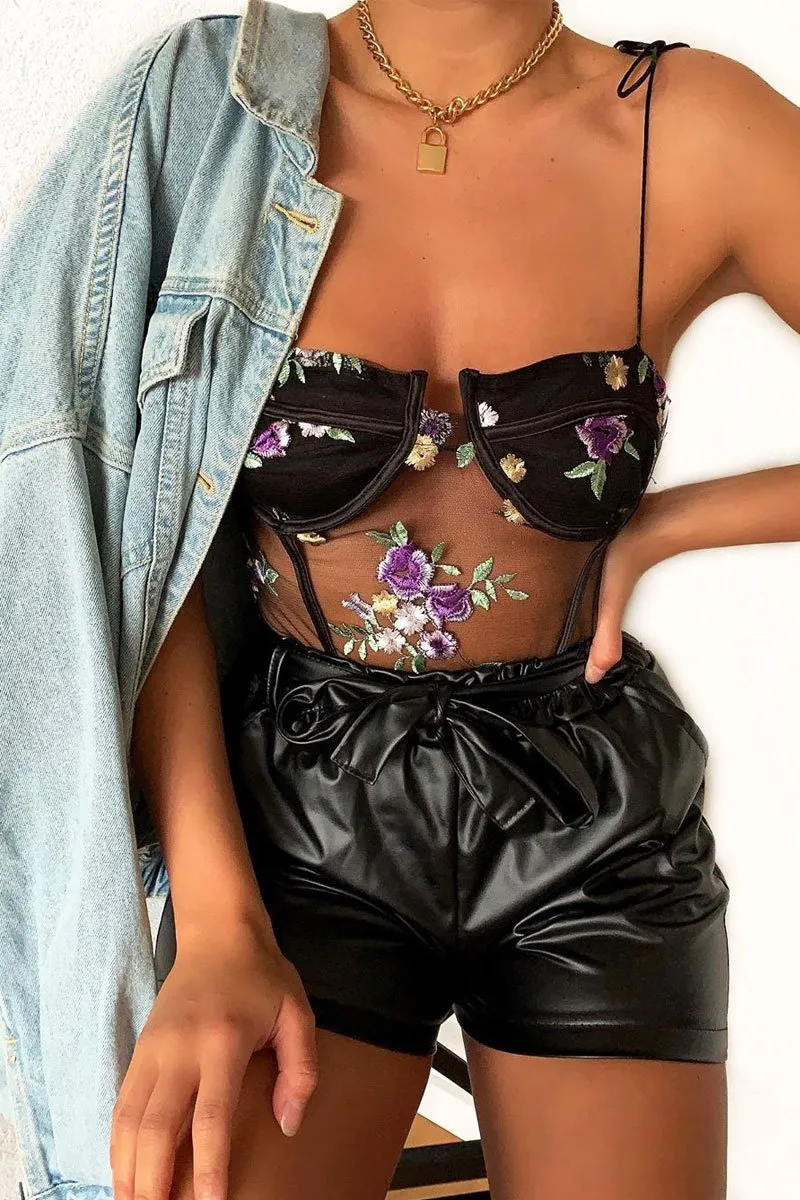 Black Floral Embroidered Corset Bodysuit - Ysabella