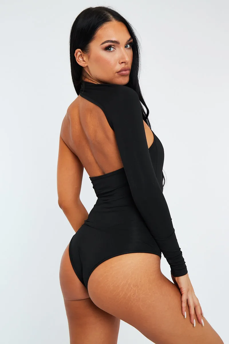 Black One Sleeve Slinky Bodysuit - Adeen