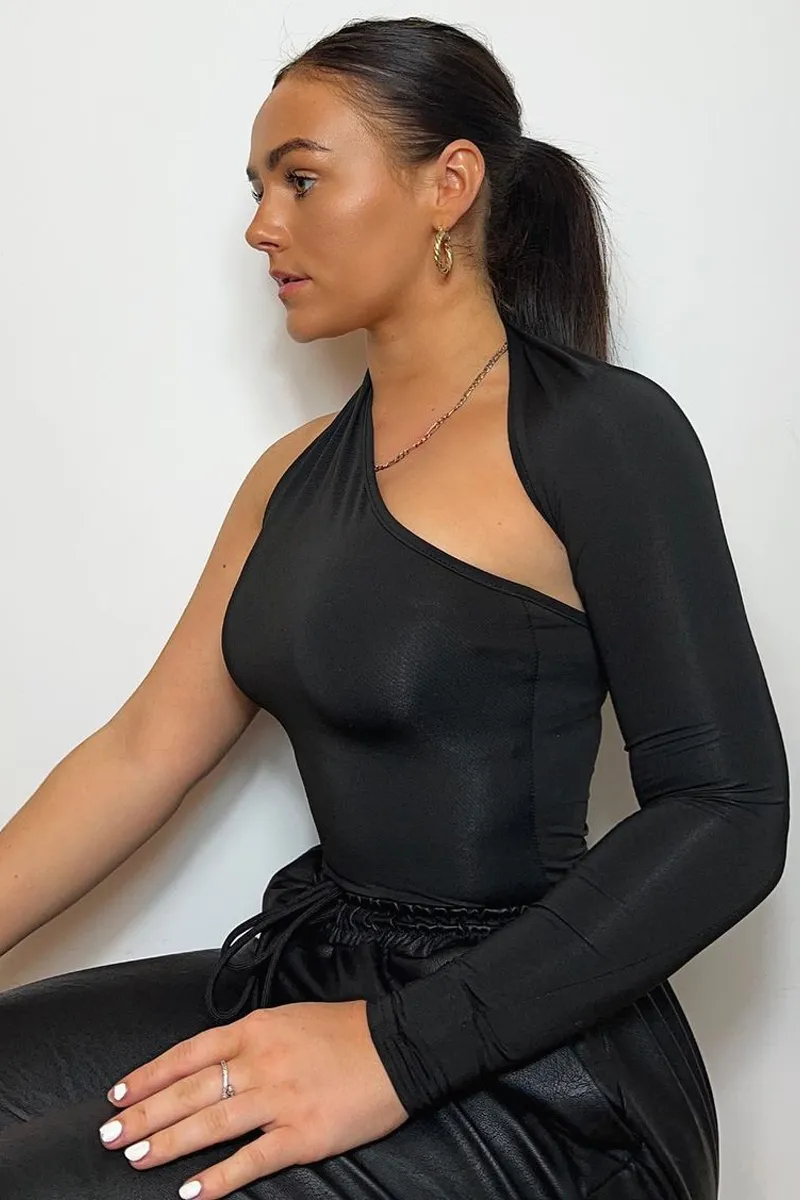 Black One Sleeve Slinky Bodysuit - Adeen