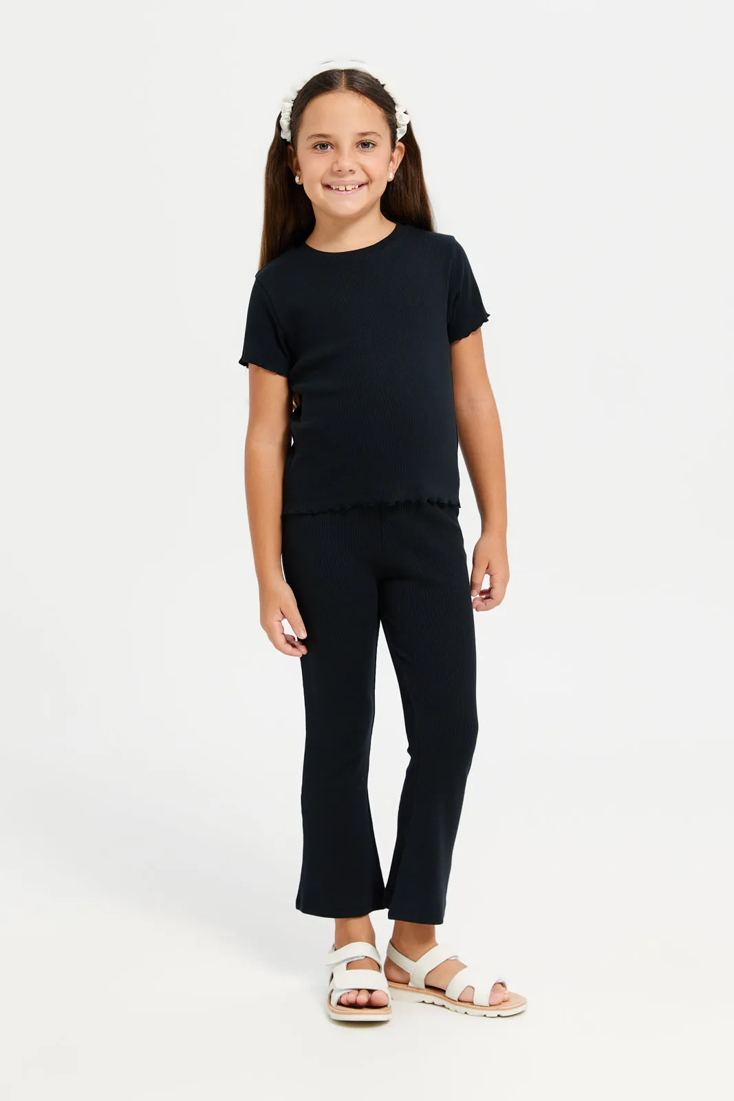 Black Rib Flared Leggings