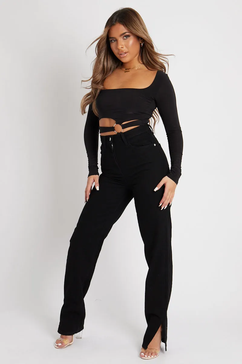 Black Ring Detail Front Cut Out Bodysuit - Ryelee