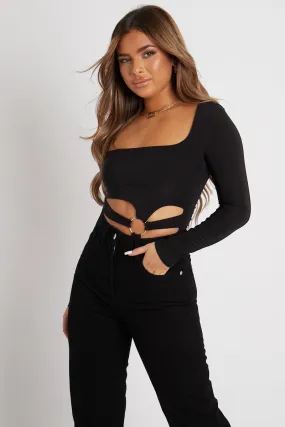 Black Ring Detail Front Cut Out Bodysuit - Ryelee