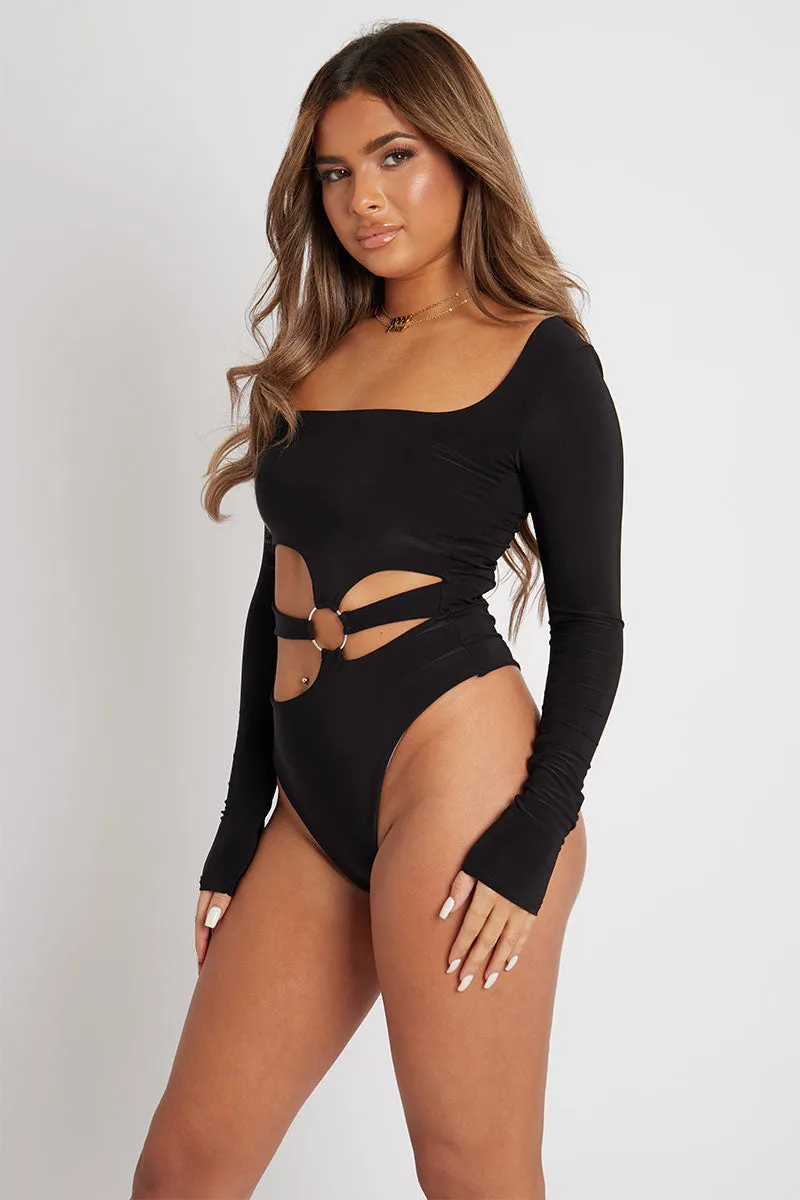 Black Ring Detail Front Cut Out Bodysuit - Ryelee