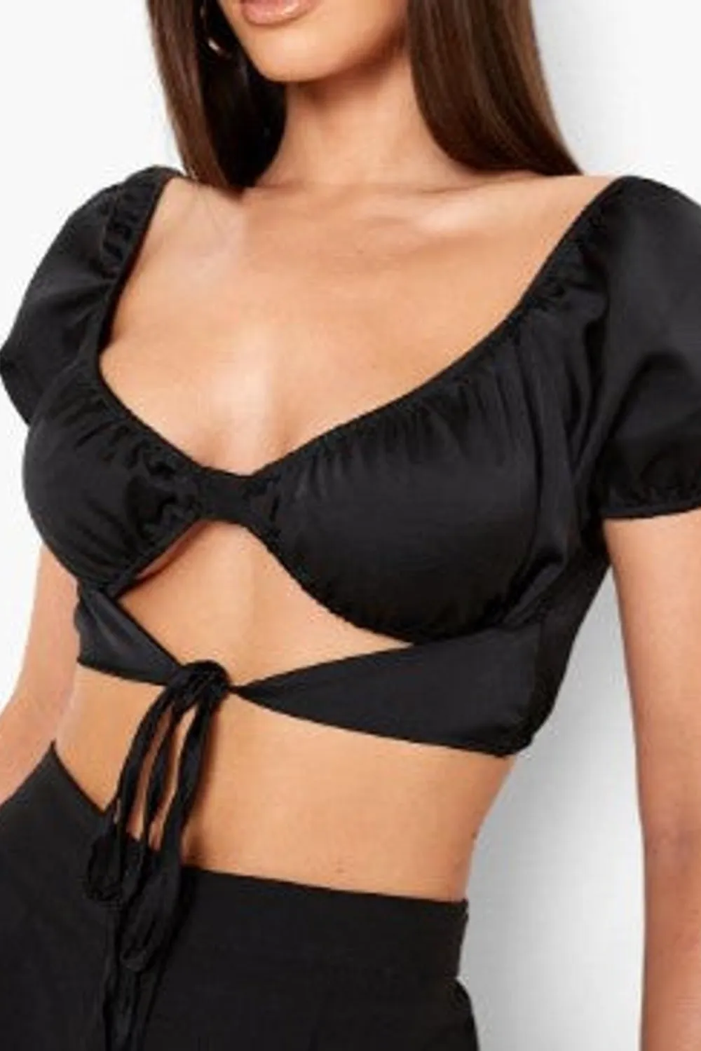 Black Satin Puff Sleeve Tie Front Crop Top