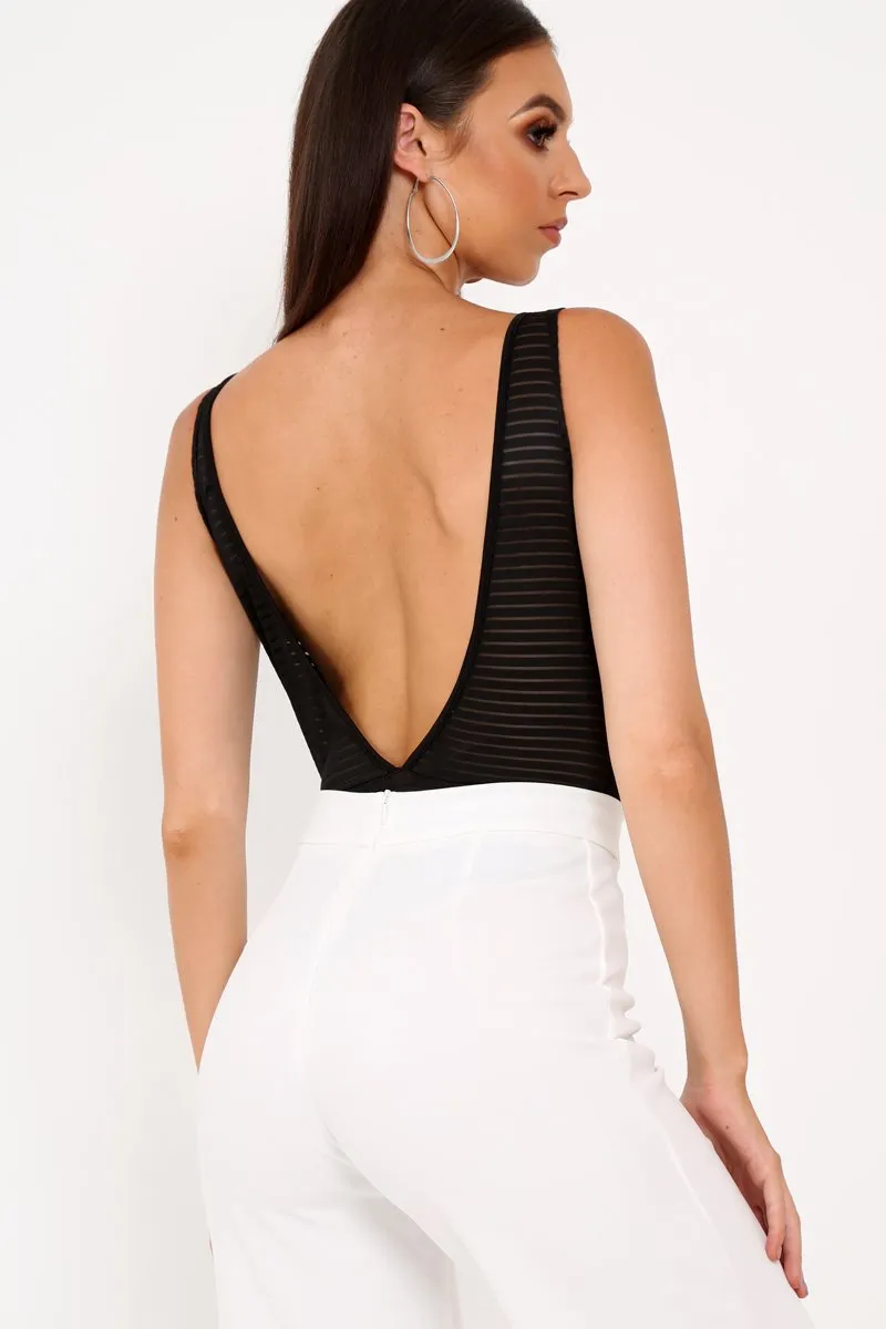 Black Semi-Sheer Stripe Cut Out Bodysuit - Roslin