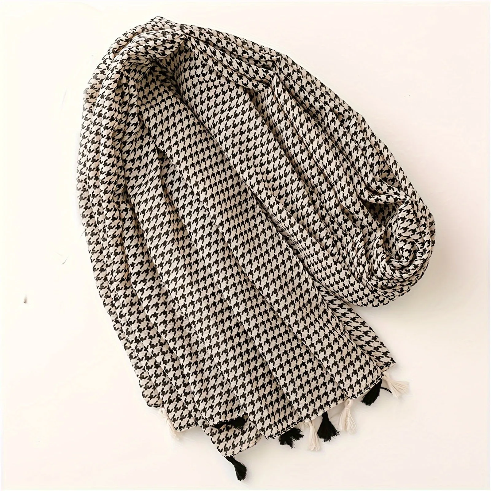 Black White Houndstooth Scarf Thin Breathable Tassel Shawl Casual Windproof Travel Scarf For Women