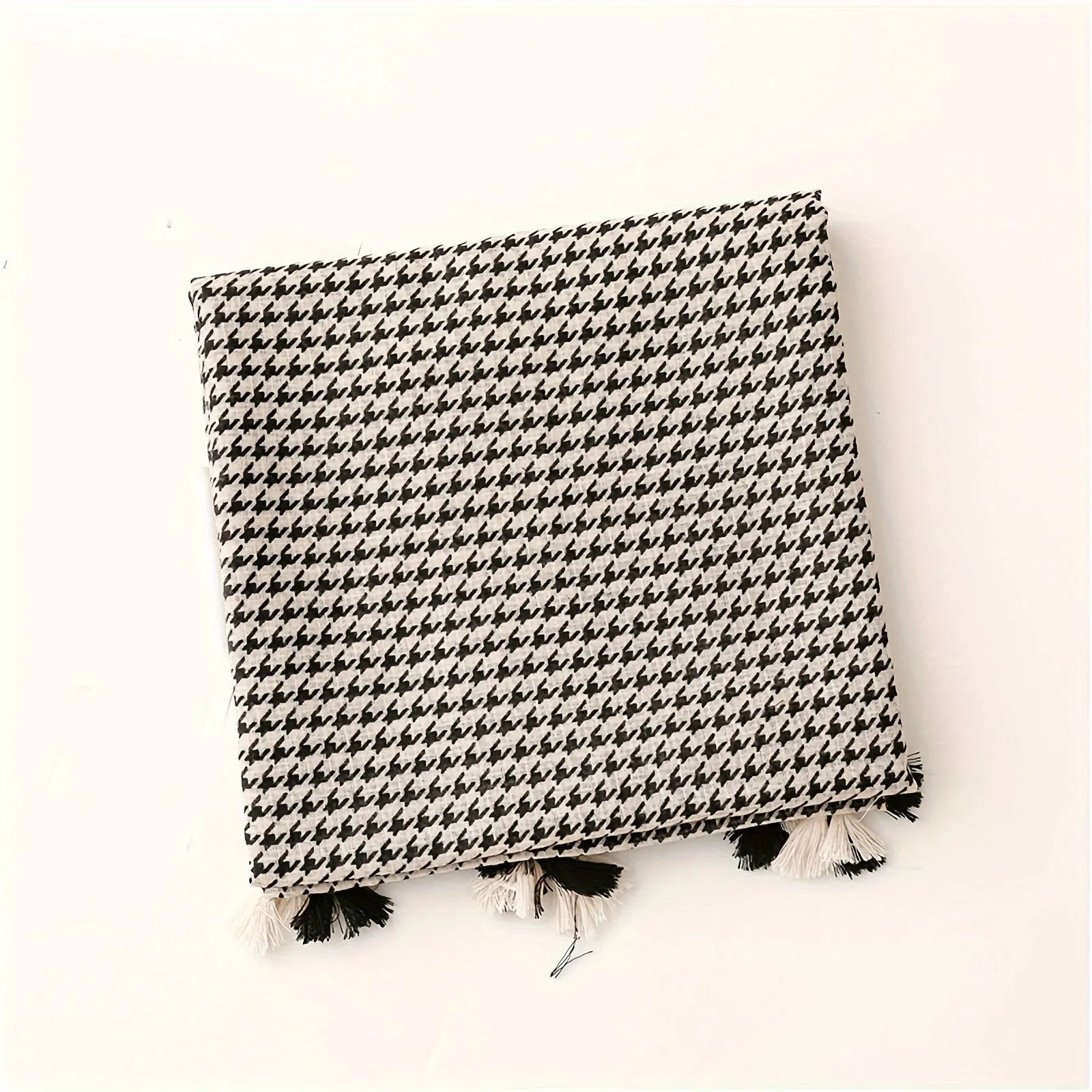 Black White Houndstooth Scarf Thin Breathable Tassel Shawl Casual Windproof Travel Scarf For Women