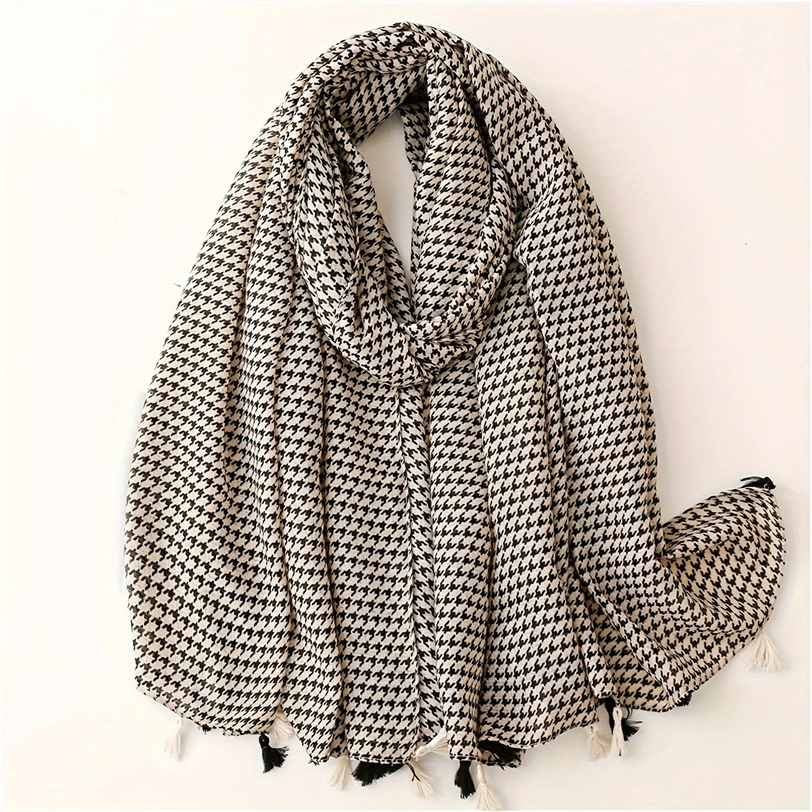 Black White Houndstooth Scarf Thin Breathable Tassel Shawl Casual Windproof Travel Scarf For Women