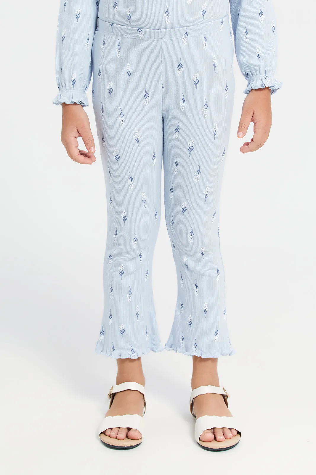 Blue Floral Aop Rib Leggings