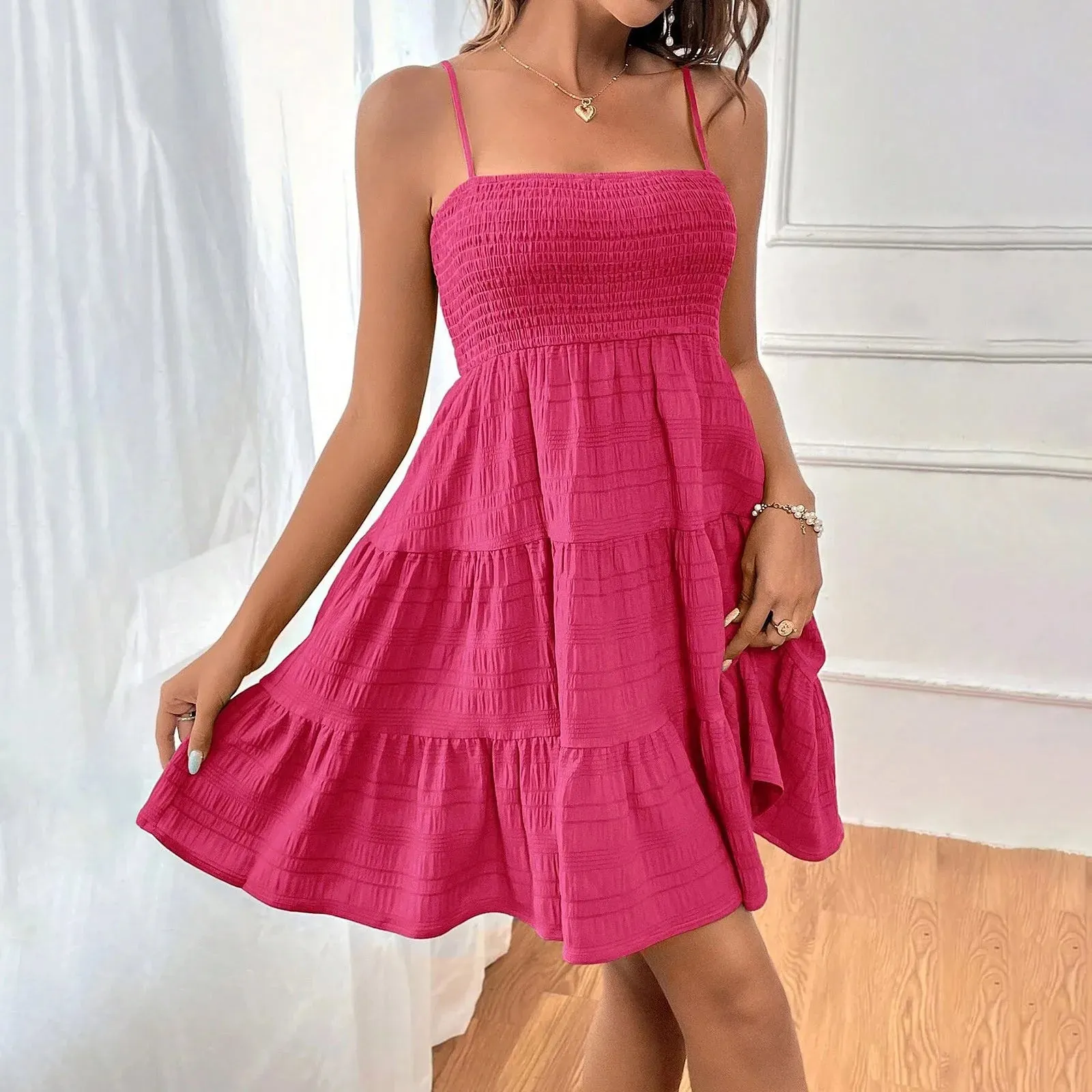 Bohemian Beach Sundress Women Sexy Sleeveless Backless Big Swing Mini Dress Solid Spaghetti Strap Ruffles Dresses Vestidos