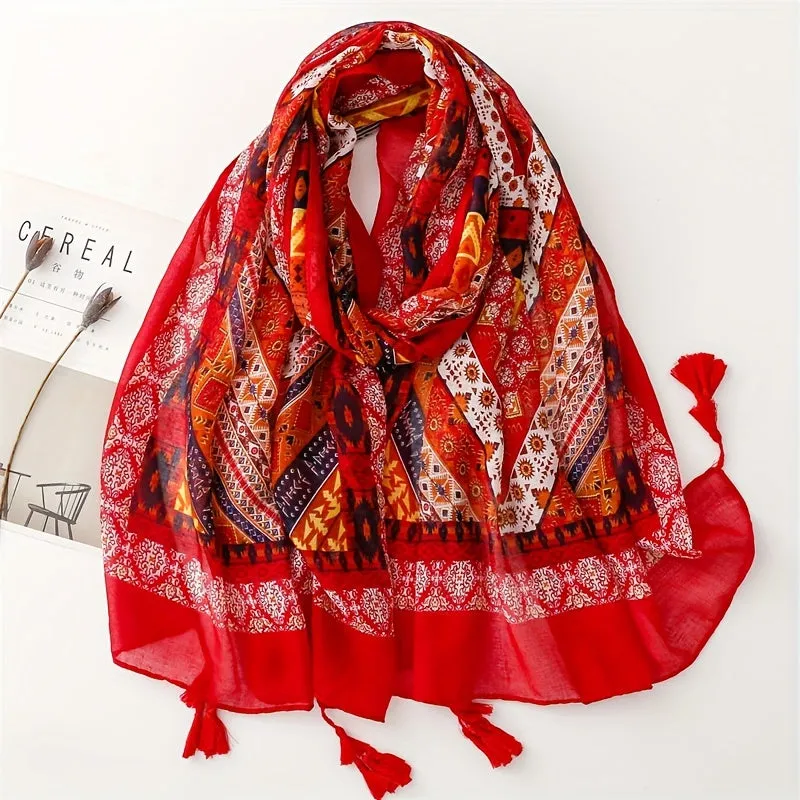 Bohemian Chic Warm Travel Shawl with Tassels – Womens Versatile Retro Print Scarf for All Seasons