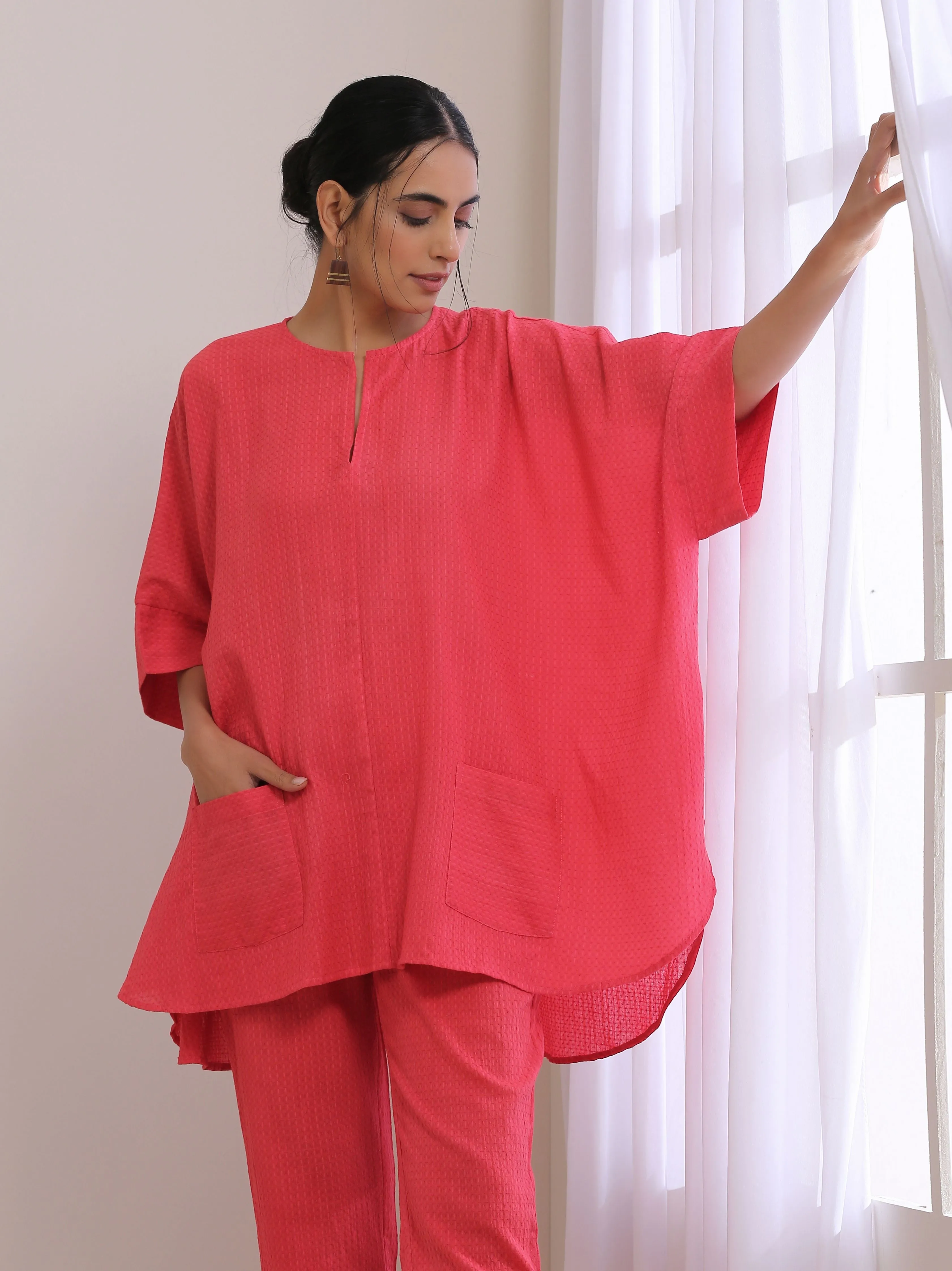 Bright Pink Dobby Boxy Fit High Low Co-Ord Set