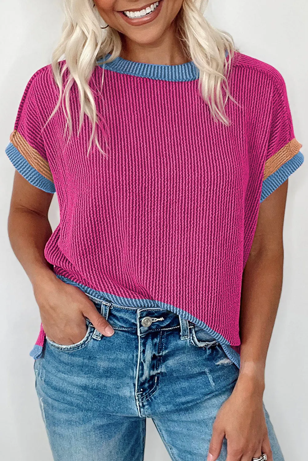 Bright Pink Textured Contrast Color Round Neck T Shirt