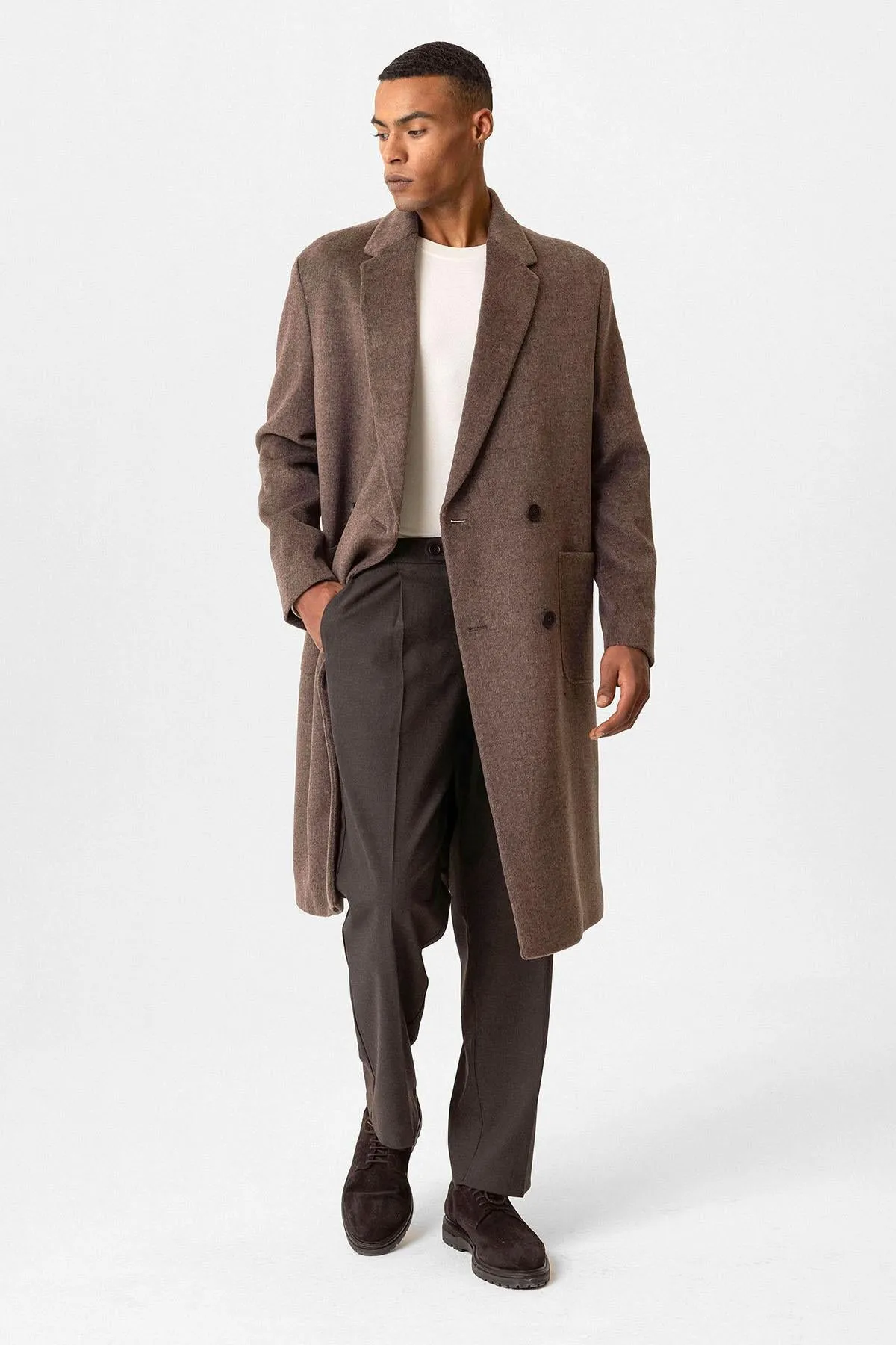 Brown Textured Double-Breasted Men's Coat - Wessi