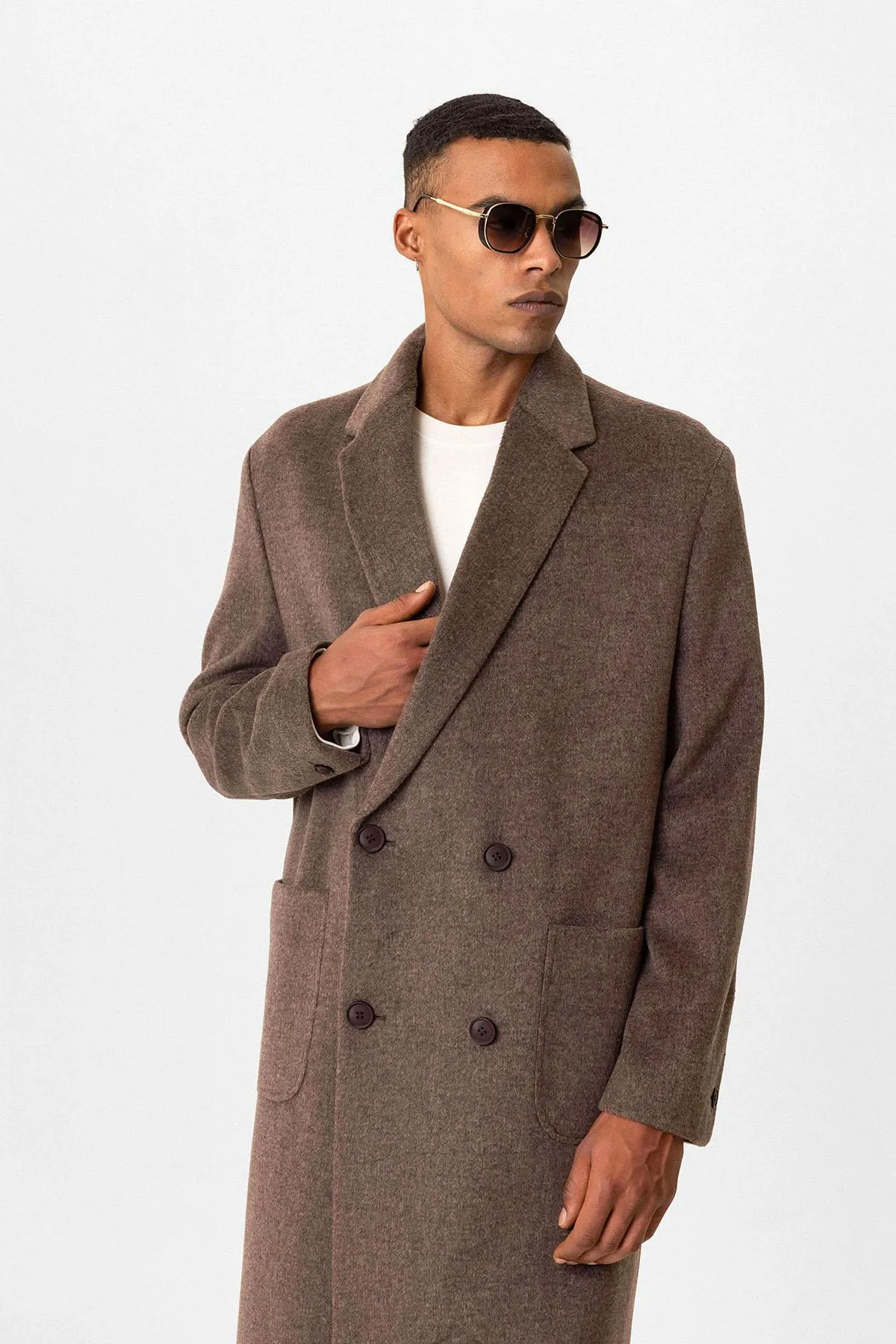 Brown Textured Double-Breasted Men's Coat - Wessi