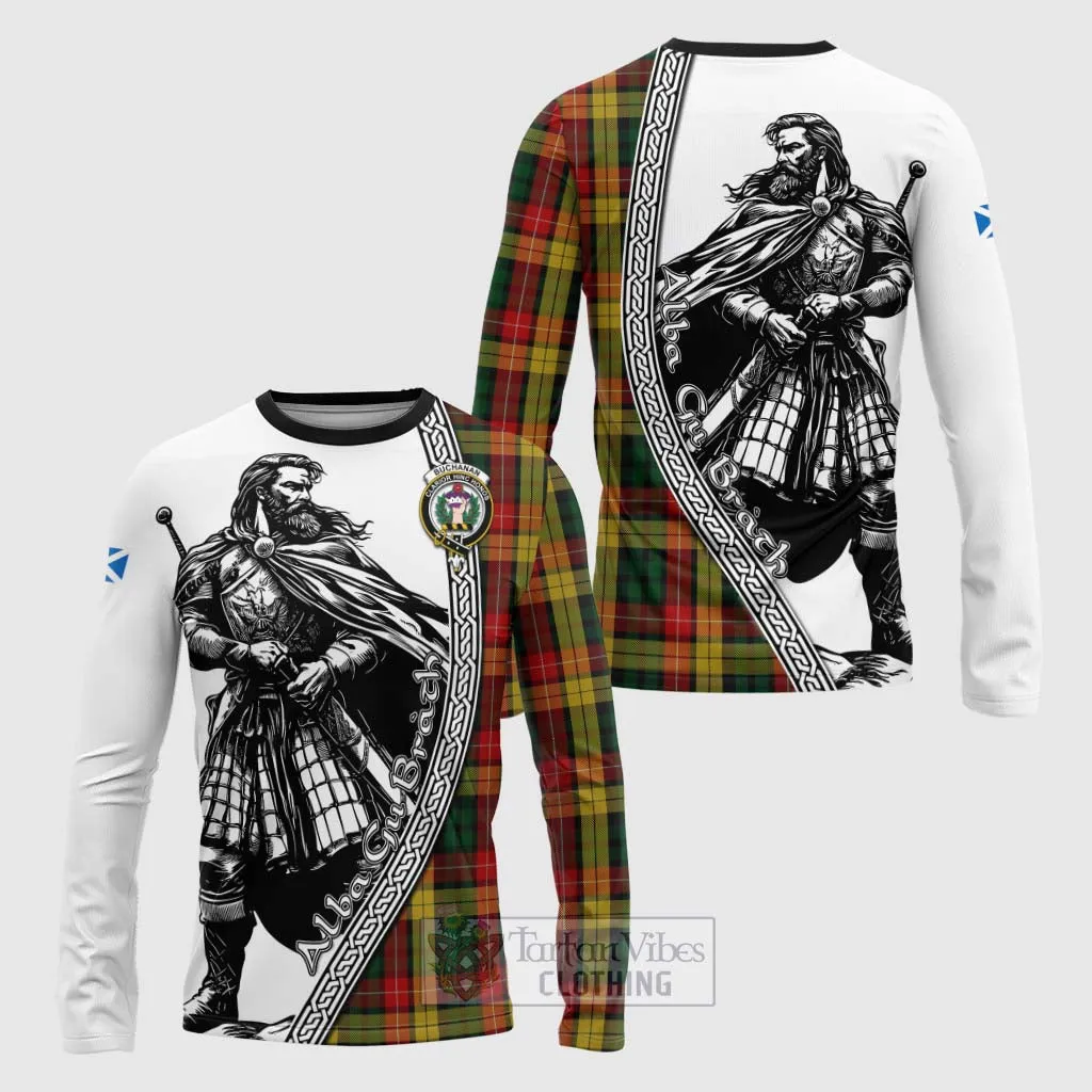 Buchanan Tartan Clan Crest Long Sleeve T-Shirt with Highlander Warrior Celtic Style