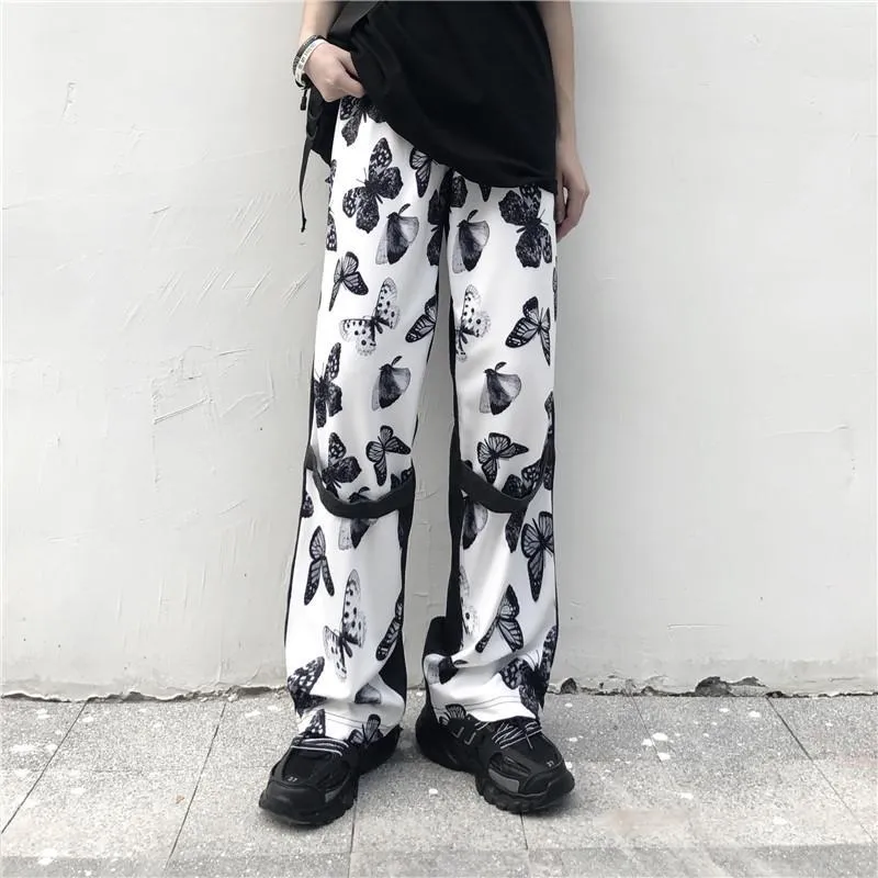 Butterfly Pattern Stitching Denim Oversized Pants