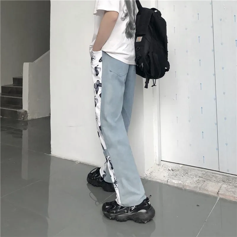 Butterfly Pattern Stitching Denim Oversized Pants