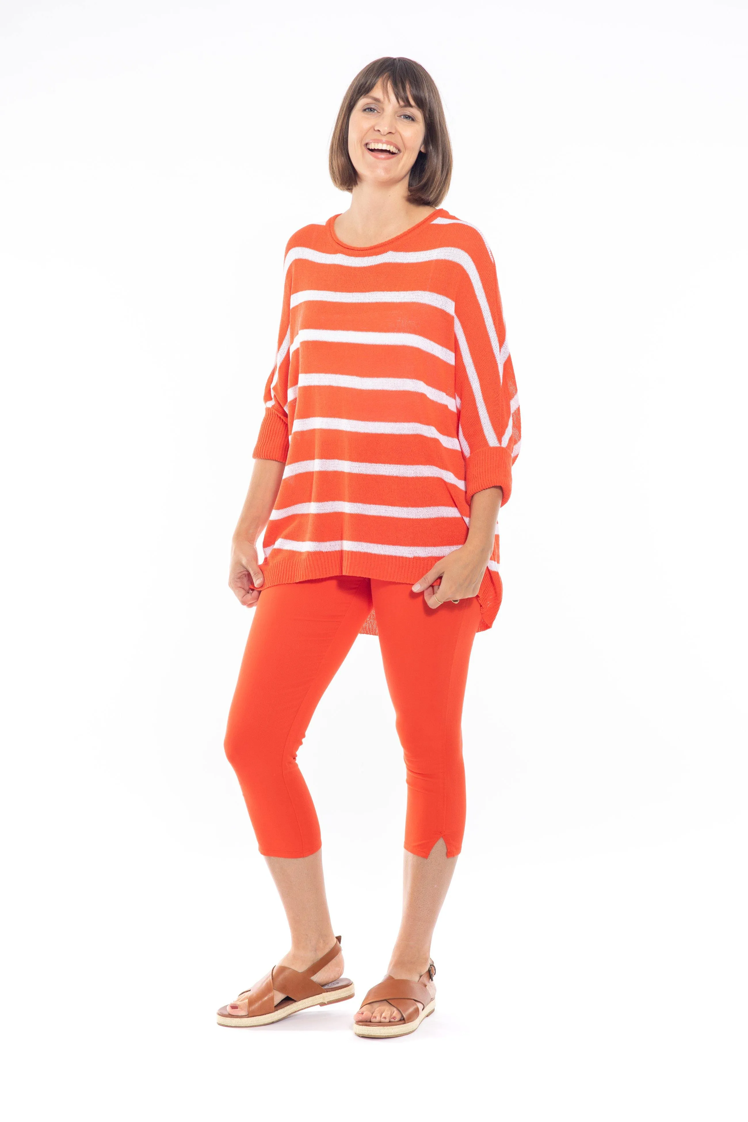 Cafe Latte Stripe Batwing Knit Top Orange Wash