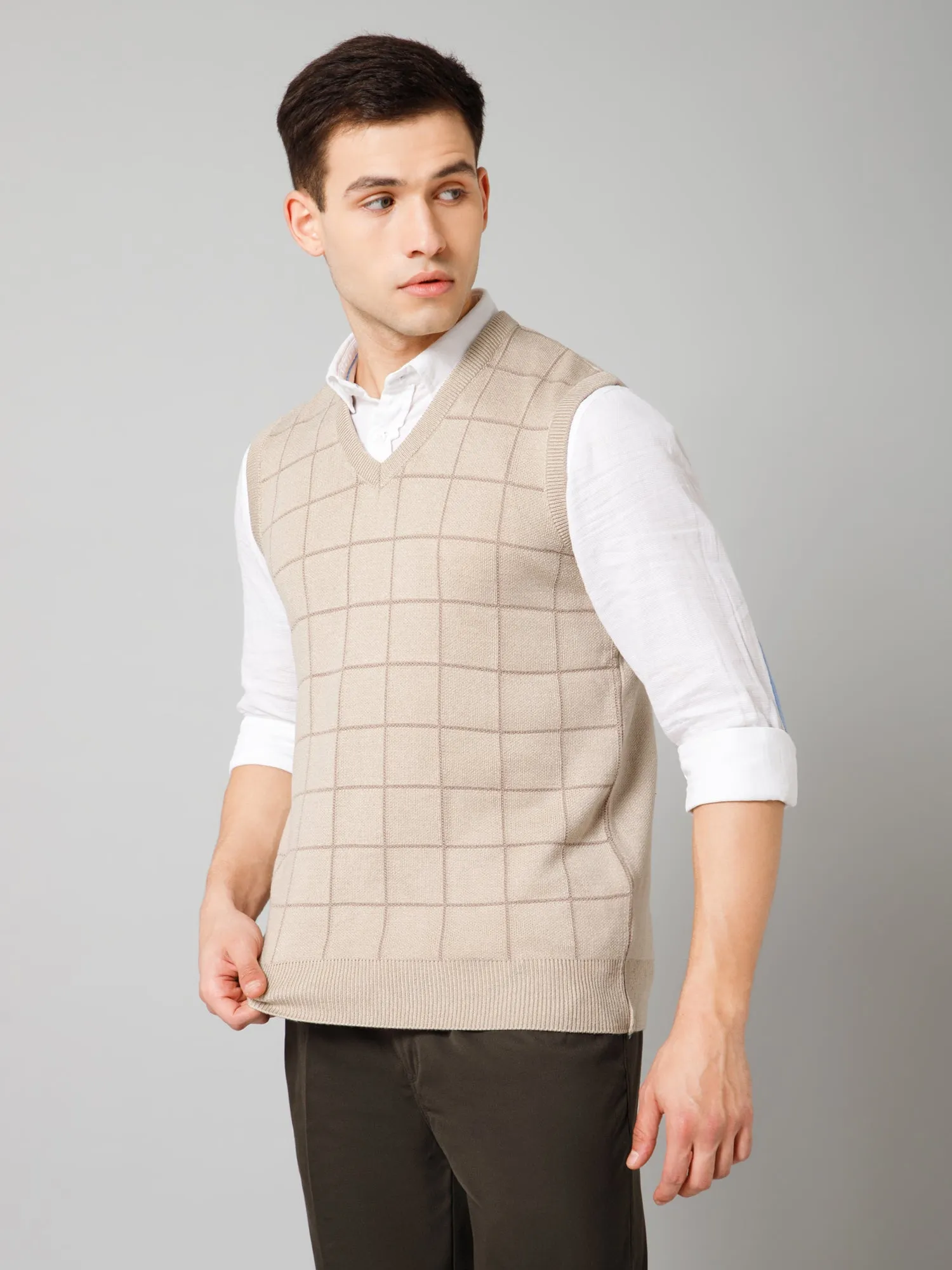 Cantabil Checkered Beige Sleeveless V Neck Regular Fit Casual Sweater for Men