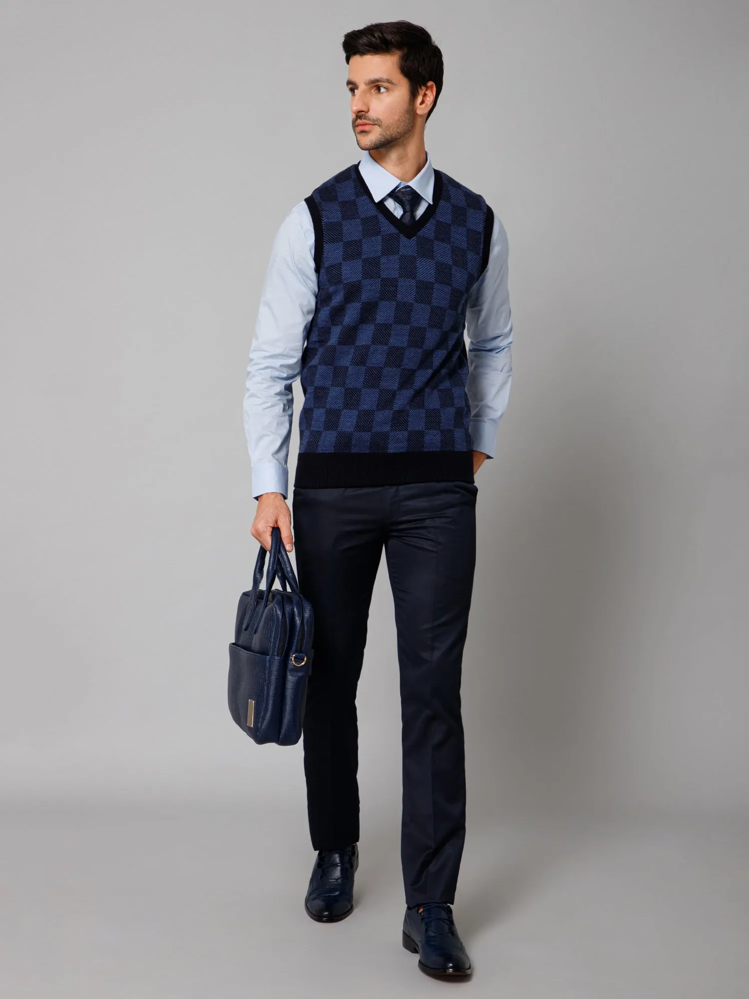 Cantabil Checkered Navy Blue Sleeveless V Neck Regular Fit Casual Sweater for Men