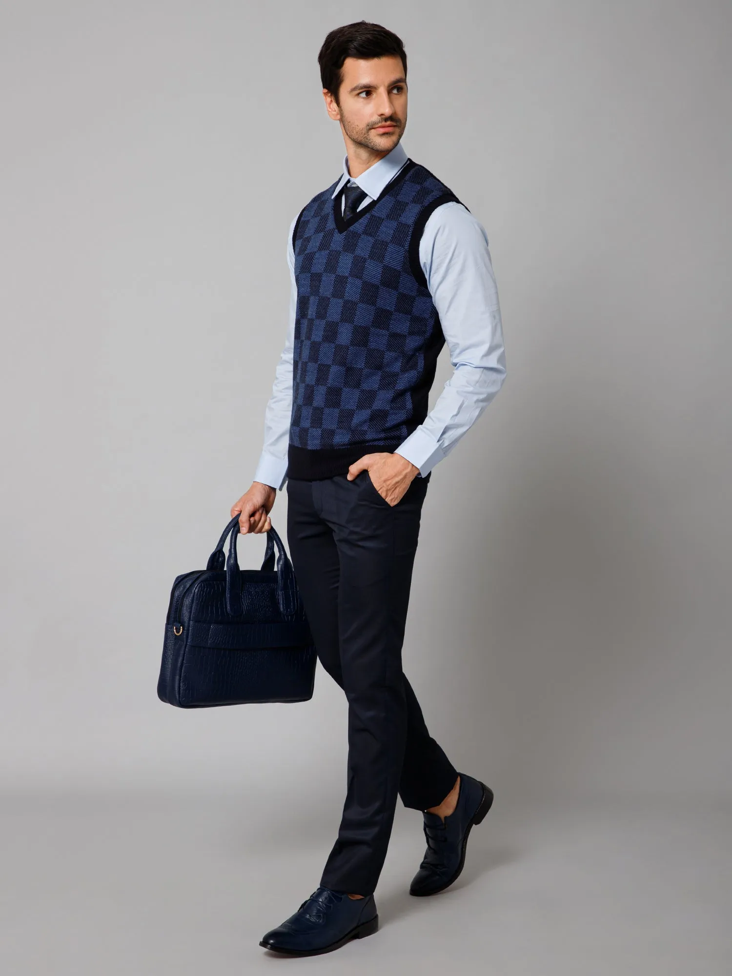 Cantabil Checkered Navy Blue Sleeveless V Neck Regular Fit Casual Sweater for Men