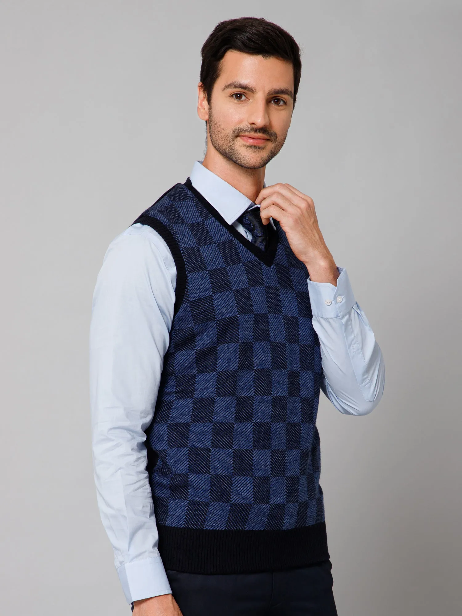 Cantabil Checkered Navy Blue Sleeveless V Neck Regular Fit Casual Sweater for Men