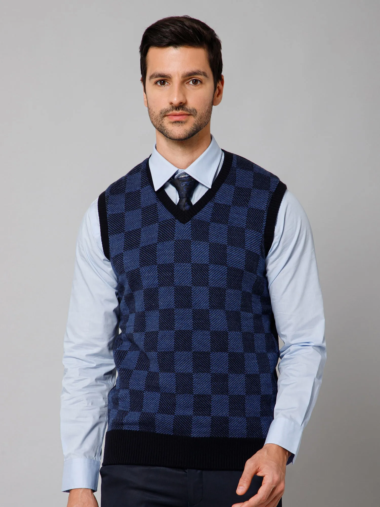 Cantabil Checkered Navy Blue Sleeveless V Neck Regular Fit Casual Sweater for Men