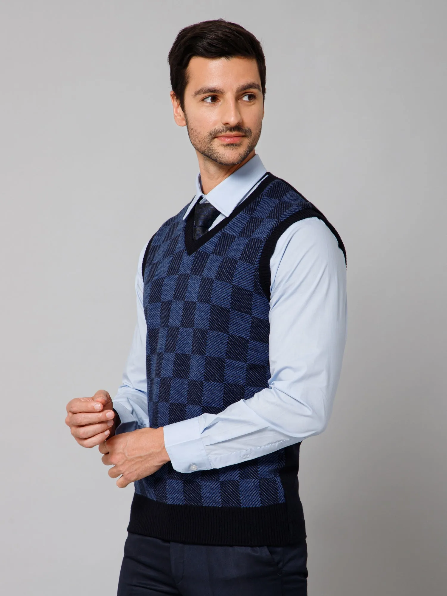 Cantabil Checkered Navy Blue Sleeveless V Neck Regular Fit Casual Sweater for Men