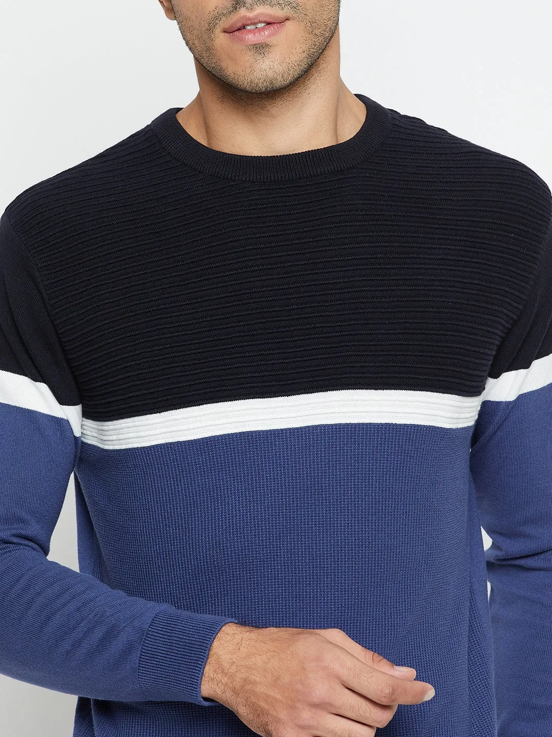 Cantabil Color Block Blue Full Sleeves Round Neck Regular Fit Casual Sweater for Men