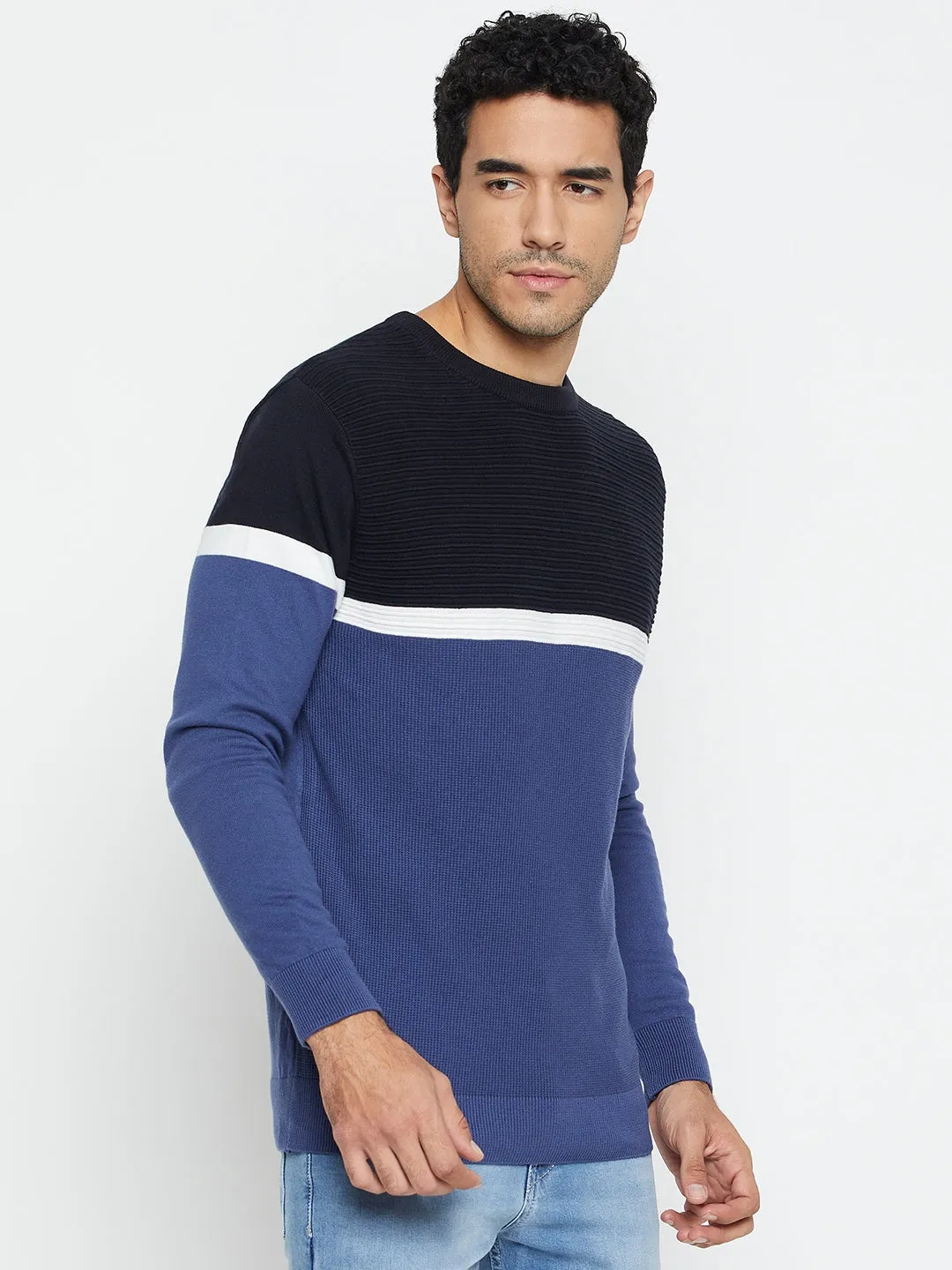 Cantabil Color Block Blue Full Sleeves Round Neck Regular Fit Casual Sweater for Men