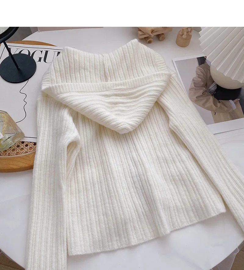 Cardigan hooded knitted coat casual solid color short top fashion  6680