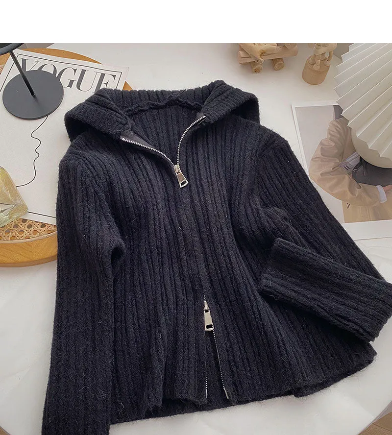 Cardigan hooded knitted coat casual solid color short top fashion  6680