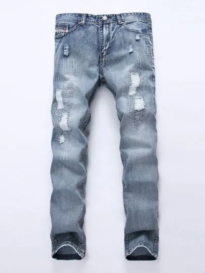 Casual Men's Fashion Jeans Mid Waist Hole Worn Slim Fit