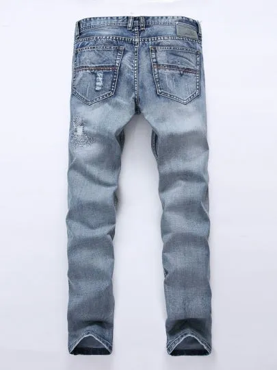 Casual Men's Fashion Jeans Mid Waist Hole Worn Slim Fit