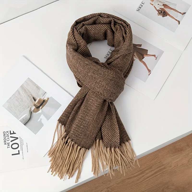 Casual Polyester Scarf for Men & Women - 100% Polyester Herringbone Pattern Winter Scarf with Tassels - Versatile, Warm, Windproof, Decorative Woven Scarf for Going Out