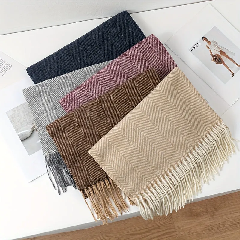 Casual Polyester Scarf for Men & Women - 100% Polyester Herringbone Pattern Winter Scarf with Tassels - Versatile, Warm, Windproof, Decorative Woven Scarf for Going Out