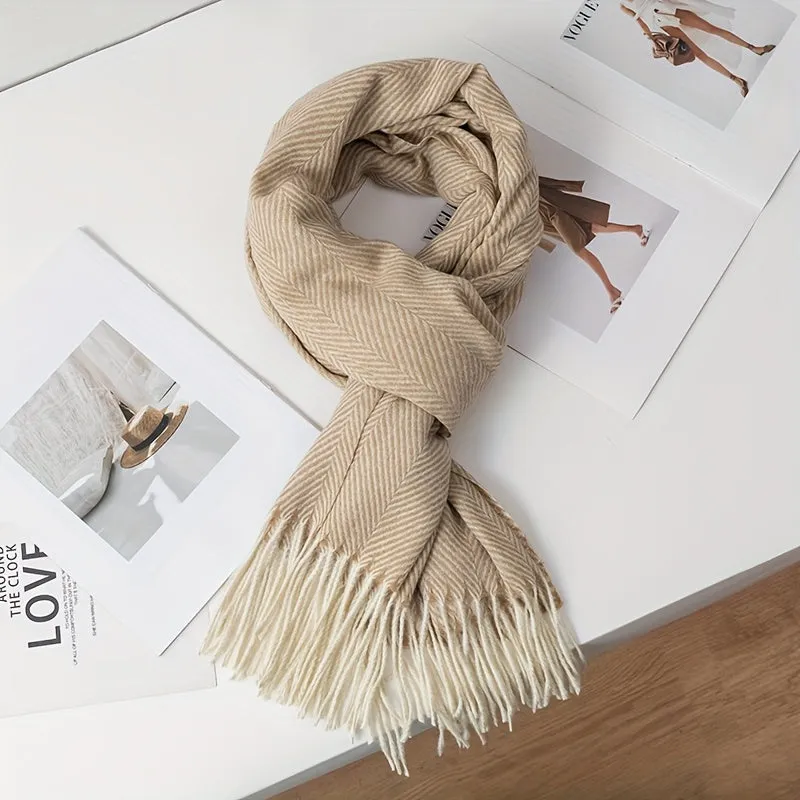 Casual Polyester Scarf for Men & Women - 100% Polyester Herringbone Pattern Winter Scarf with Tassels - Versatile, Warm, Windproof, Decorative Woven Scarf for Going Out