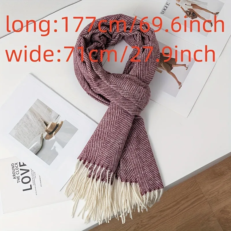 Casual Polyester Scarf for Men & Women - 100% Polyester Herringbone Pattern Winter Scarf with Tassels - Versatile, Warm, Windproof, Decorative Woven Scarf for Going Out