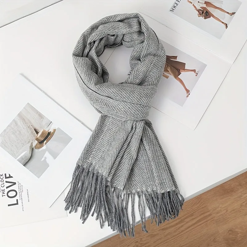 Casual Polyester Scarf for Men & Women - 100% Polyester Herringbone Pattern Winter Scarf with Tassels - Versatile, Warm, Windproof, Decorative Woven Scarf for Going Out