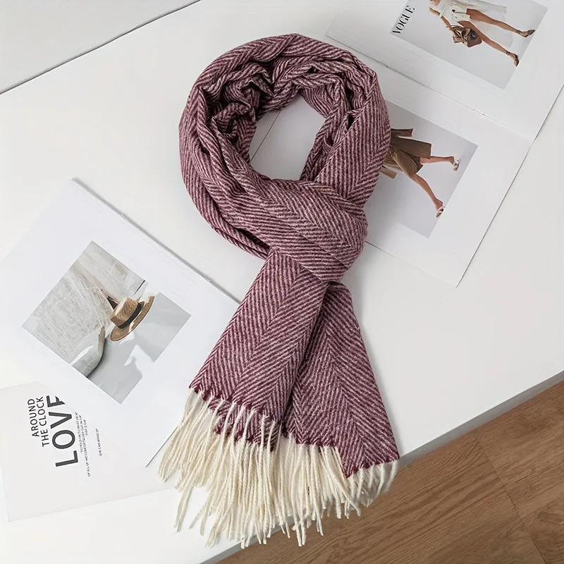 Casual Polyester Scarf for Men & Women - 100% Polyester Herringbone Pattern Winter Scarf with Tassels - Versatile, Warm, Windproof, Decorative Woven Scarf for Going Out